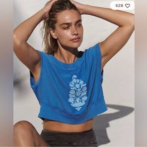 FREE PEOPLE MOVEMENT Annie Tank Blue Embroidered Sleeveless Muscle Terry Top L